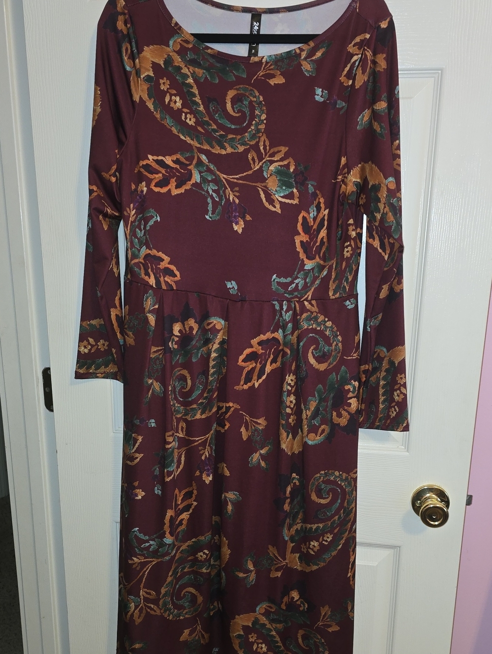 Long-Sleeve Burgundy Paisley Midi‎ Dress with Mustard & Teal Accents